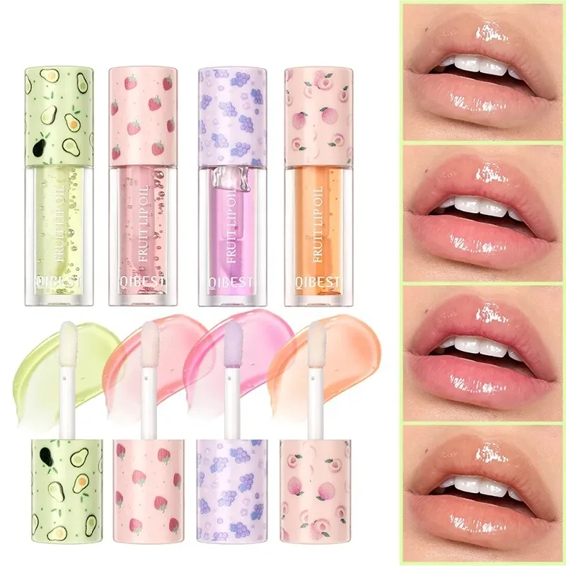 QIBEST Vegan Mirror Fruit Lip Oil Water Light Transparent Anti Cracking Moisturizing And Nourishing Vitamin C Lip Plumper