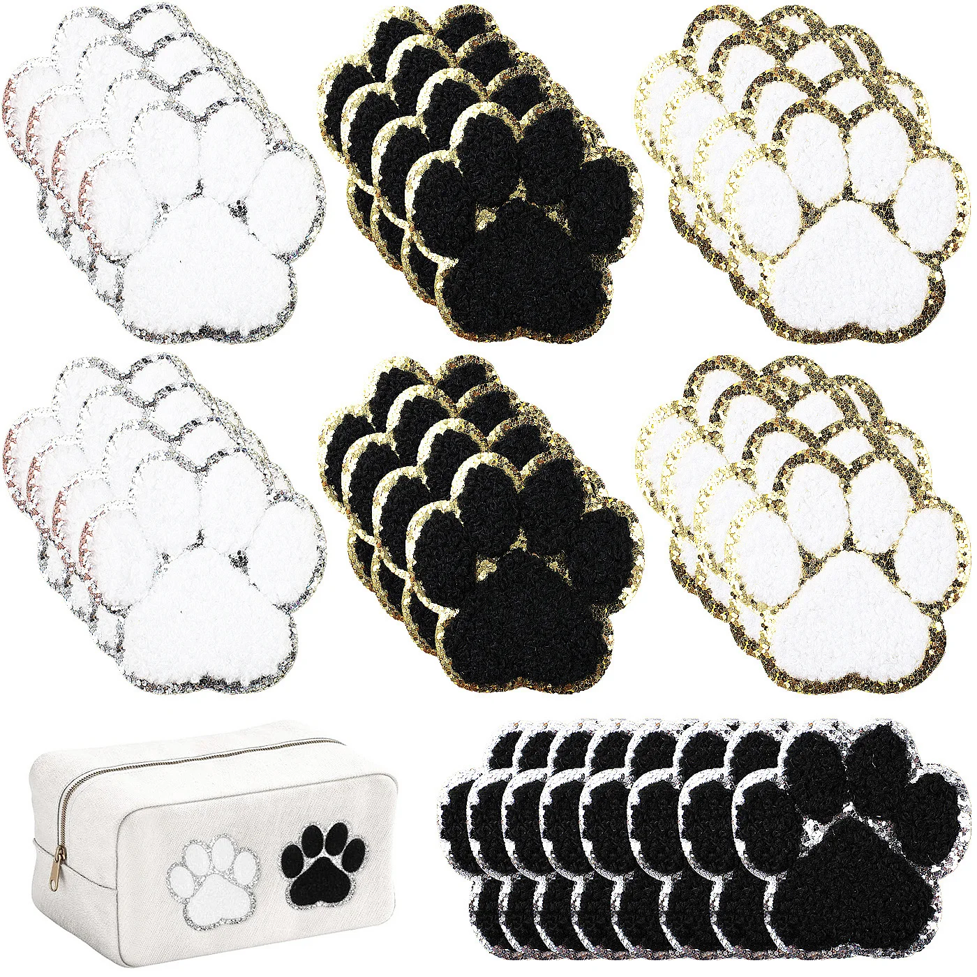 New Design Iron-On Glitter/Sliver Edge Chenille Paw Patch Colorful White Black Leather Clothing Hats Shirts Accessories Badges
