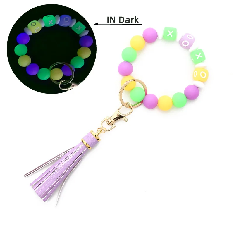 2022 Newest Colorful Letters Silicone Beads Bracelet Luminous Keychain Women Halloween Pendant Car Bangle Fluorescent Key Ring