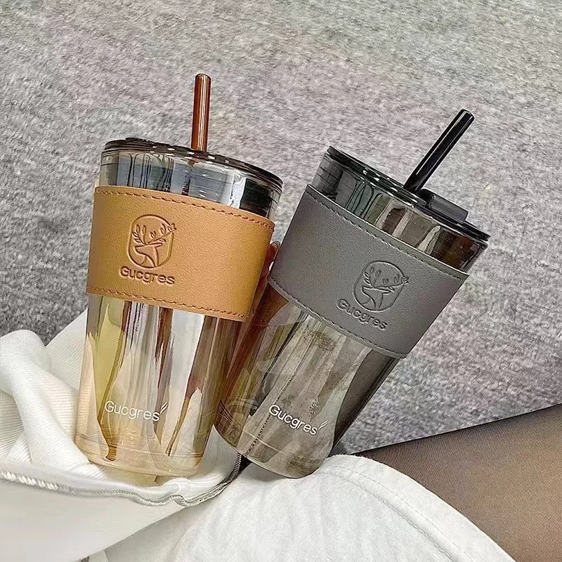Best Seller Leather Protective Sleeve Glass Cup 450ml Glass Tumbler Sleeve Coffee Cup with Straw and Lid