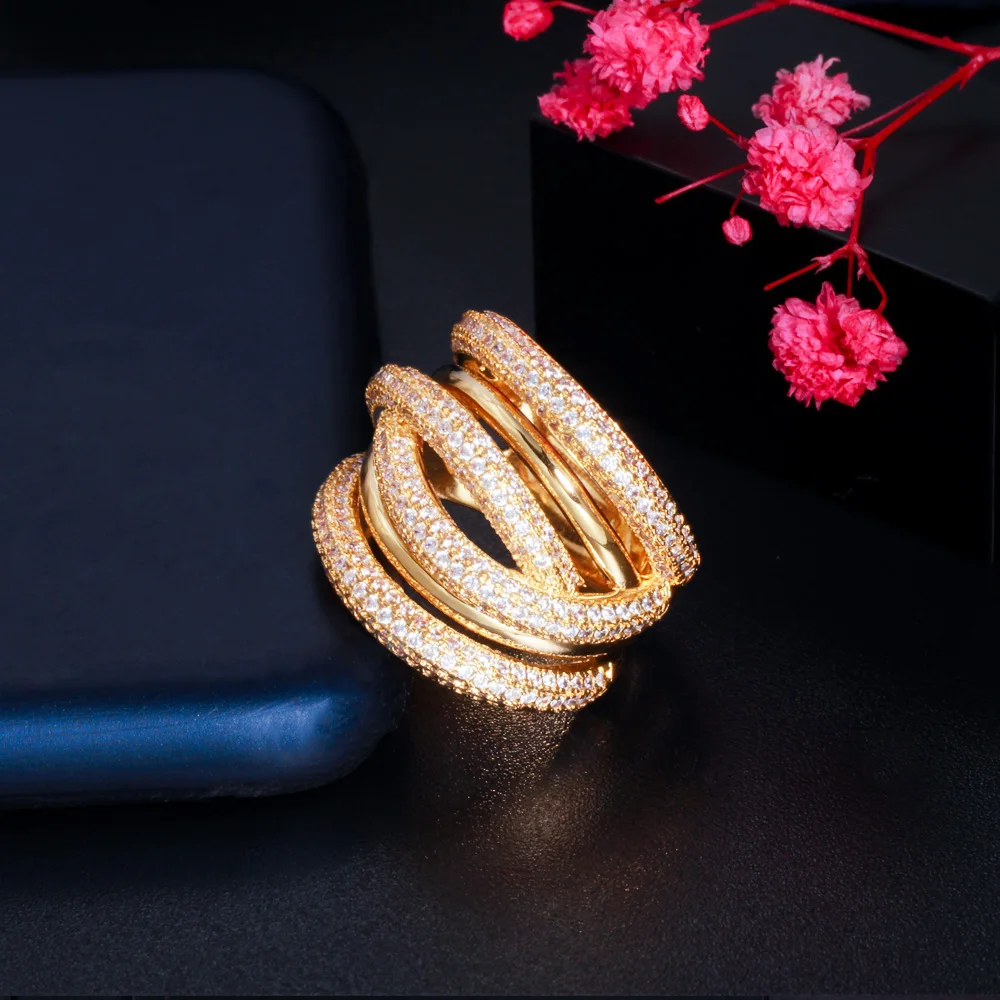 Personalized Multi Layered Twist Lines Luxury African Cubic Zircon Big Wedding Engagement Ring for Women Dubai Gold Filled Ring