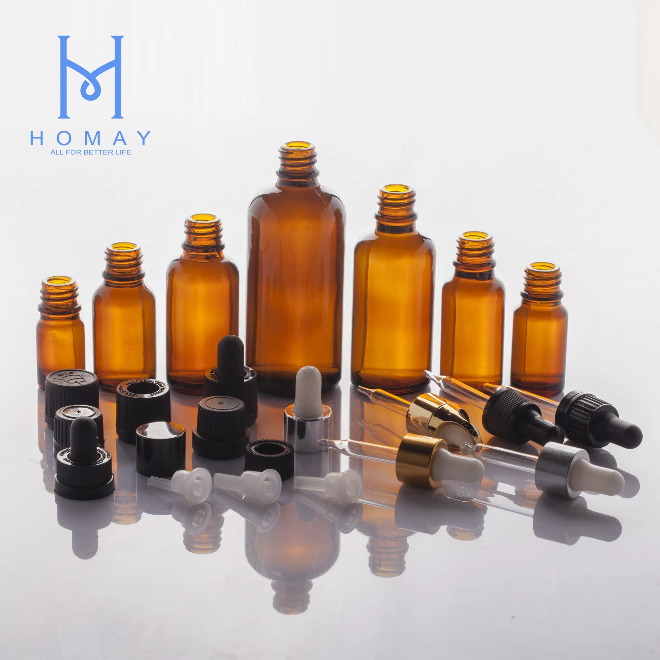 Different size DIN18 5ml 10ml 15ml 20ml 30ml 50ml 100ml amber essential oil glass dropper bottles with caps