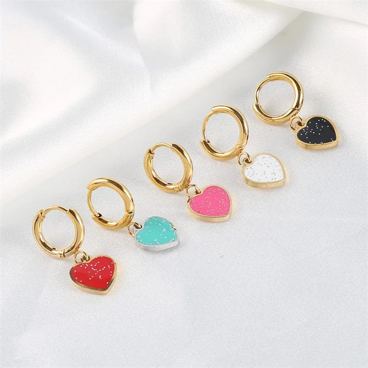 Small Hoop Earrings With Heart Charm Drop Dangle For Girls Plated Gold Love Pattern Ear Stud Fashion Korean Earring Jewelry 1