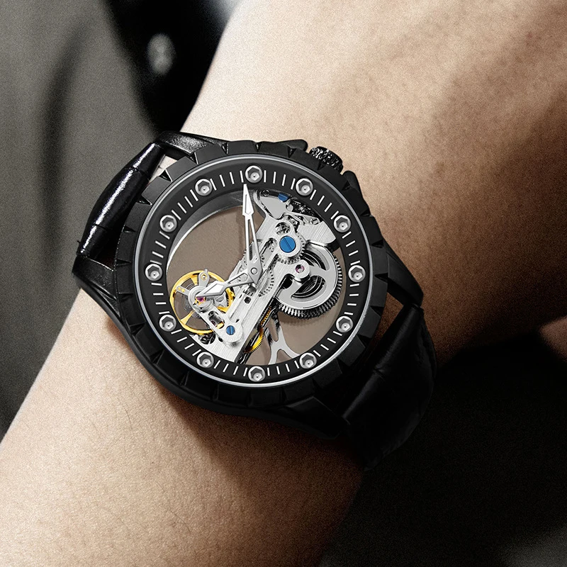 New Custom Transparent Watch Fully Automatic Hollow Flywheel Wristwatch Movement Waterproof Men Mechanical Watches