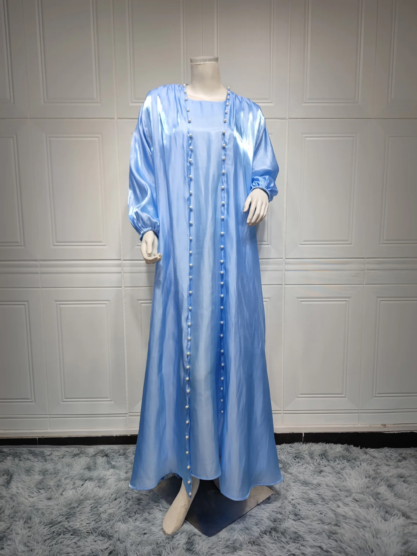 China wholesale satin silk  two piece abaya elegant two piece muslim dress women beaded two piece set abaya