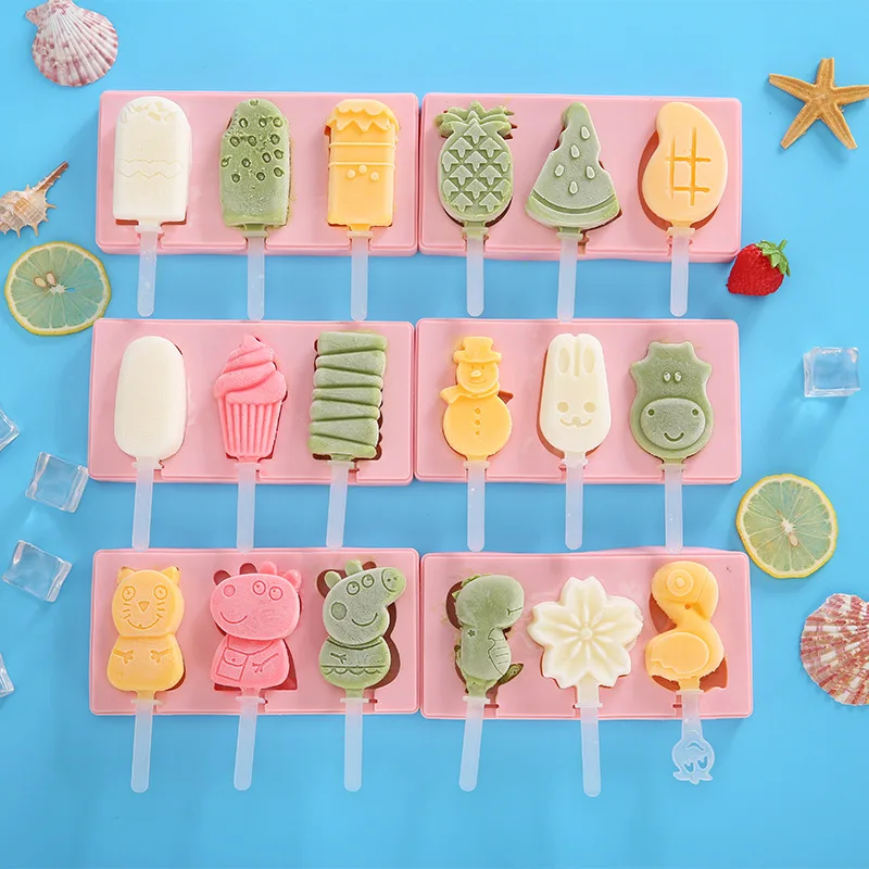 D-0026 Hot Selling 3 Cavities Silicone Ice Cream Pop Maker Mold Silicone Popsicle Mold Silicone Ice Lolly Moulds