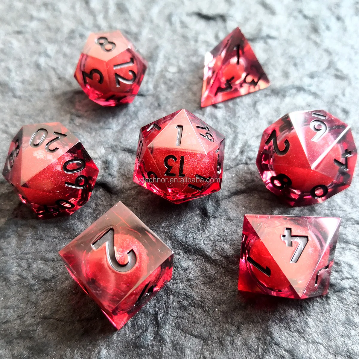 Black Red Liquid Polyhedral Dice Set 7 Piece Set Full Set Handmade Resin Sharp Edge Dice Dungeons and Dragons Liquid Core Dice