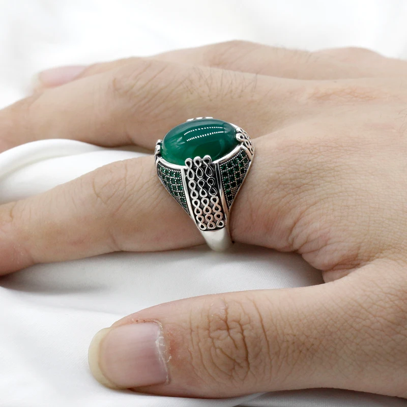 Online Wholesale Jewelry 925 Sterling Silver Green Agate Mens Rings