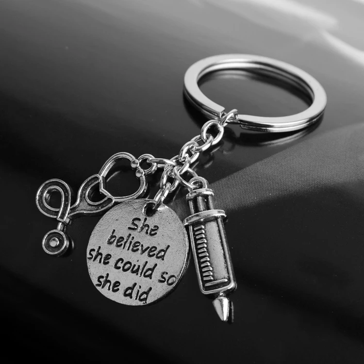 Trendy medical stethoscope keychains letter she believed she could so she did nurse doctor metal key chains for women man gift