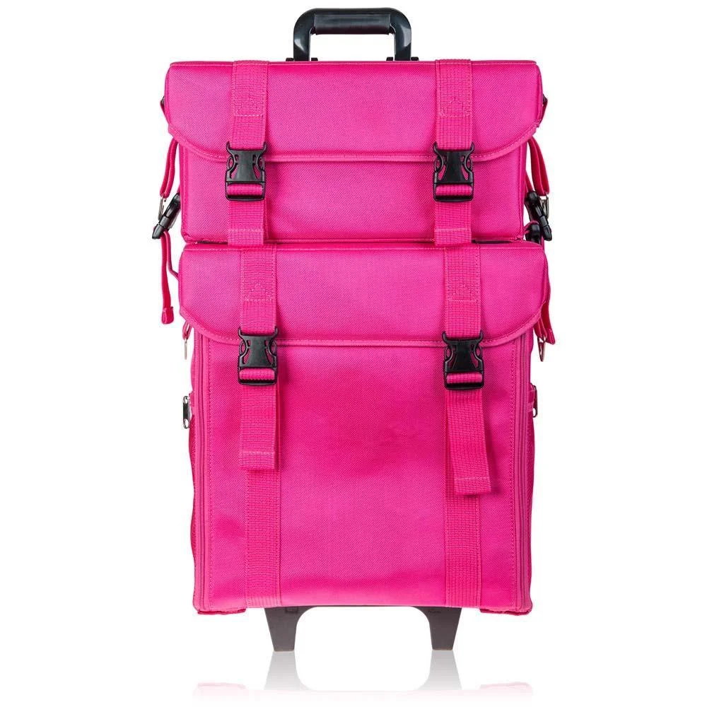 Soft Makeup Artist Train Case Rolling Trolley Cosmetic Case Makeup Hairdresser with Free Set of Mesh Bag Pink