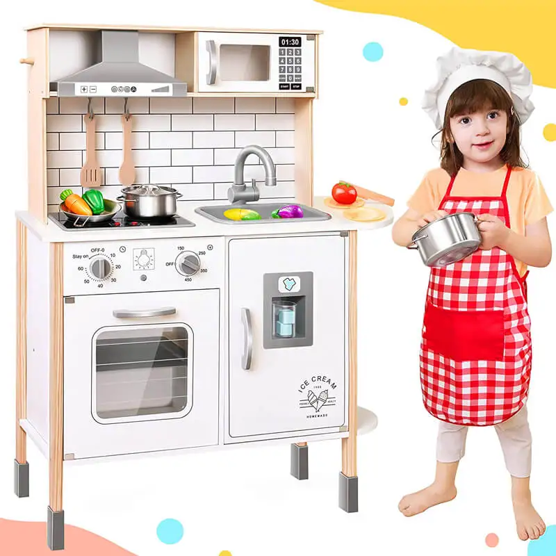 New Arrival Kids Upright Wooden Kitchen Toy Play set with Stove, Oven, Fridge and Accessories, Espresso/Gray