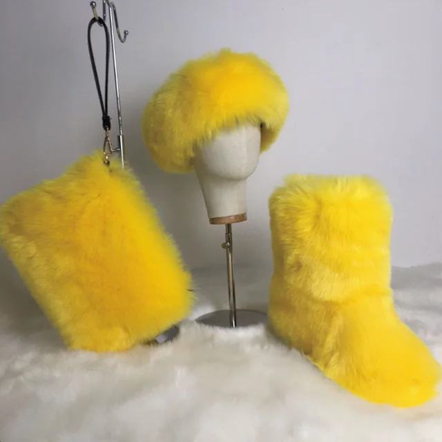 Fur Faux Women Matching Handbag conjunto de botas Fur Winter Woman And Purse Ankle Multicolor Furry Little Girl Mommy Boots Sets