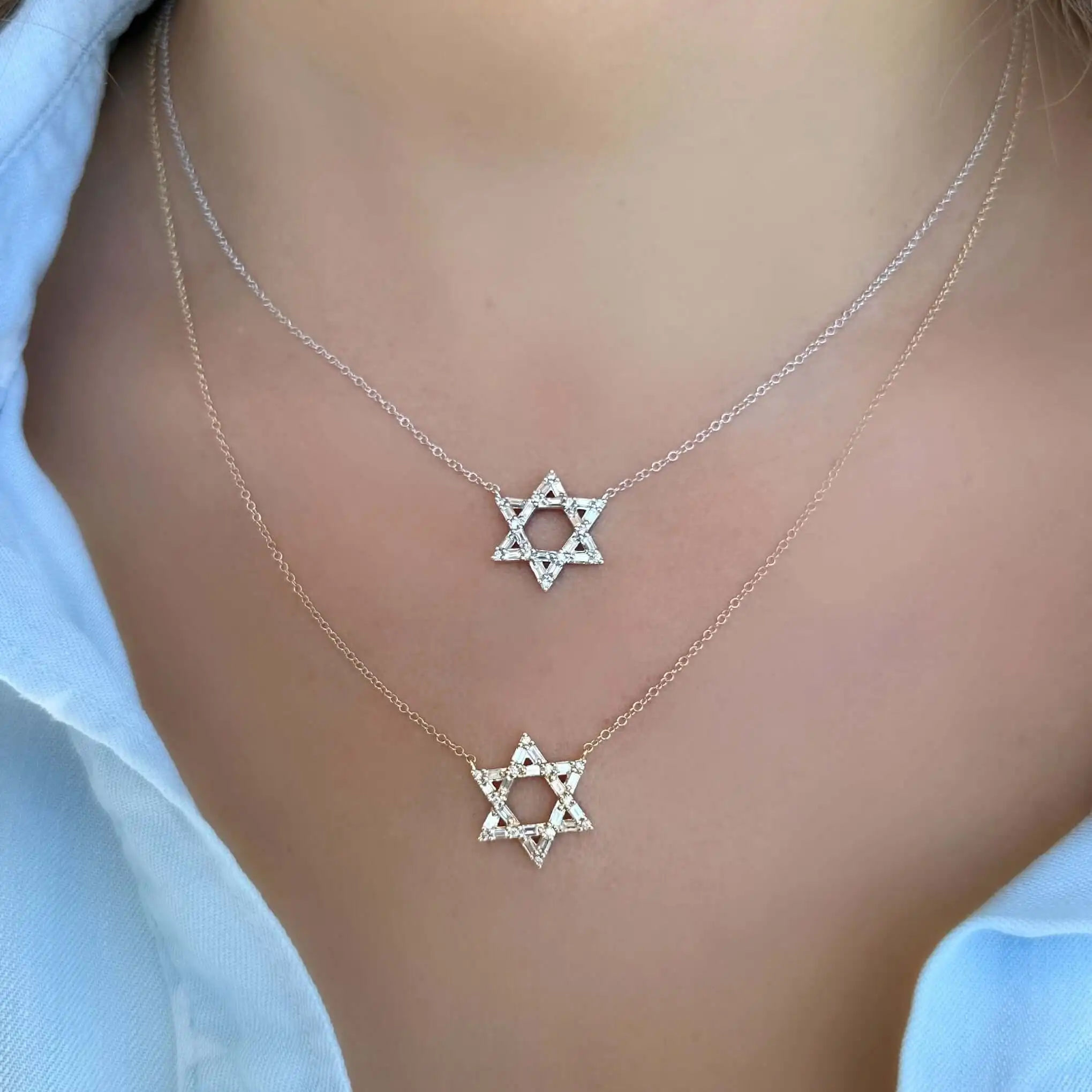 2024 New Stars Real 925 Sterling Silver Necklace for Women Full Square Round Diamond Zircon Paved Six Stars Hexagram Jewelry