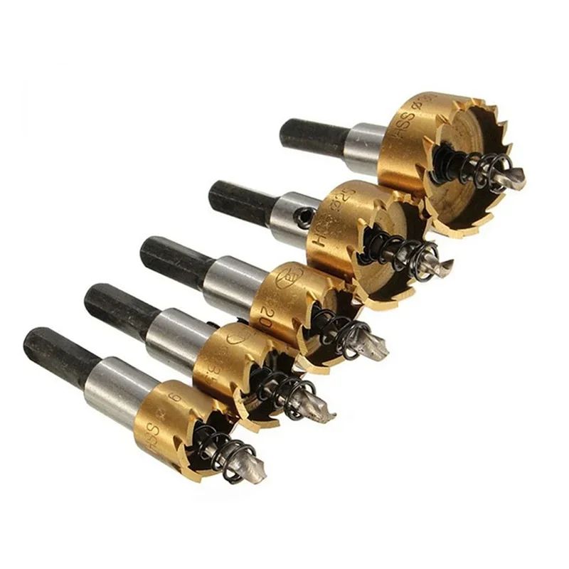 5Pcs Titanium Coated HSS Drill Bit Hole Saw Set Stainless Steel Metal Alloy 16/18.5/20/25/30mm Woodworking Tools