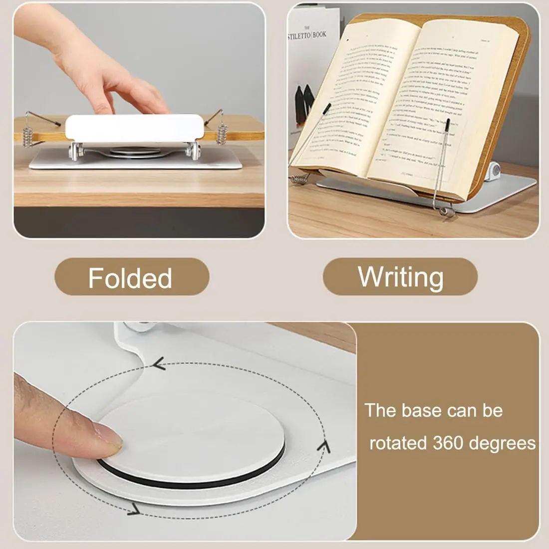 Book Stand for Reading Hands Free Multi Angle Adjustable Book Holder Stand with 360Rotating Base and Page Clips