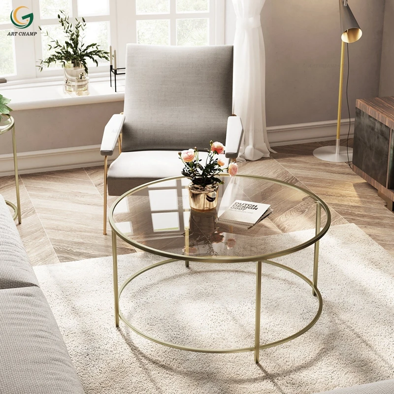 Fancy Home Furniture Living Room Modern Round Tempered Glass Top Gold Center Coffee Table