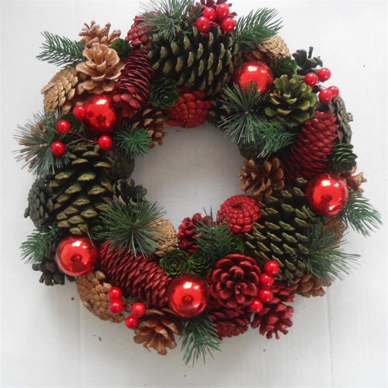 GY BSCI Personalized Natural Twigs Pinecones Colorful Ball Berries Artificial Pineneedles Christmas Wreath