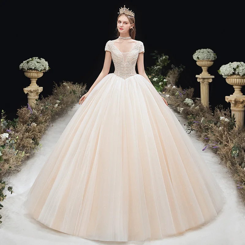 Luxury robe de mariage Simple Heavy Beaded Pearls Wedding Dress Half Sleeve Bridal Gowns