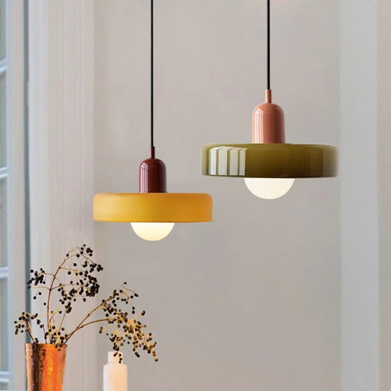 Minimalist Contemporary Wabi-sabi Glass Chandelier Retro Green Orange Round LED Pendant Light Interior Decoration Hanging Lamp
