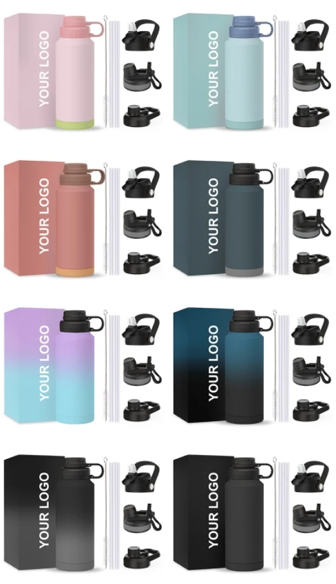 Custom Logo 32oz Insulated Water Bottle Stainless Steel Double Wall Vacuum Flask with Lid Sports Water Bottle 12oz 18oz 24oz