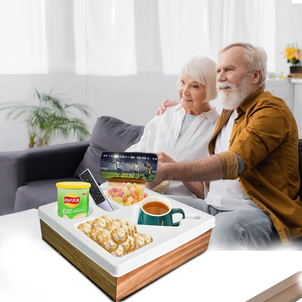 Bamboo Sofa Cup Holder Sofa Caddy  with Rotatable Phone Holder, Waterproof Handy Couch Caddy