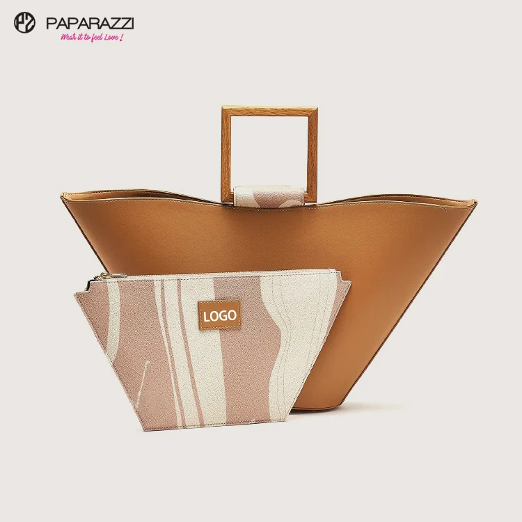 Paparazzi PA0341 Factory Price Large Capacity Wooden Handle Leather Bucket Tote Bag Women Ladies With Small Pouch