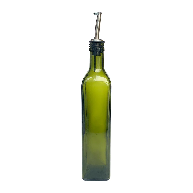 Hot Sale 500ml Dark Green Square Shape Olive Oil Glass Bottle With Pour Spout