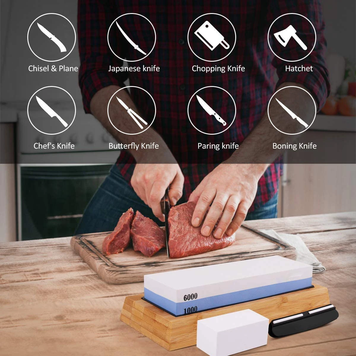 Knife Sharpening Stone Dual Side Grit 1000/6000 With Nonslip Bamboo Base and Best Seller Sharpeners