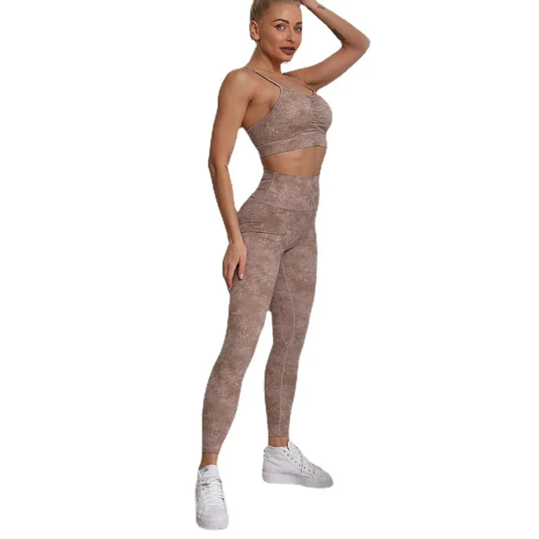 Aoyema Custom Logo Yoga Sets Training Wear Workout Strength Marble Pattern Push Up Sports Bra Seamless Leggings Gym Fitness Sets