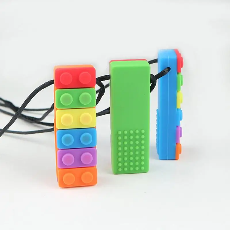1Pcs Block Baby Teether Autism Sensory Chew Necklace Silicone Biting Teethers Silicone Organic Baby Building Block Teethering