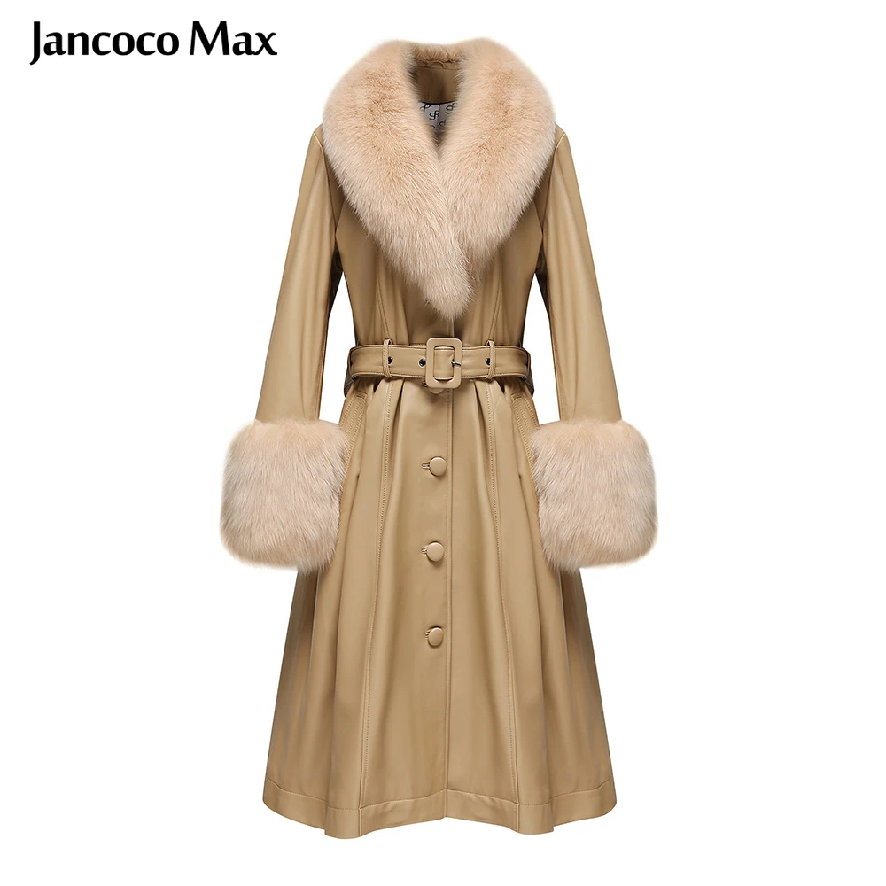 Windproof Genuine Leather Trench Coat Women Long Jacket With Fox Fur Collar