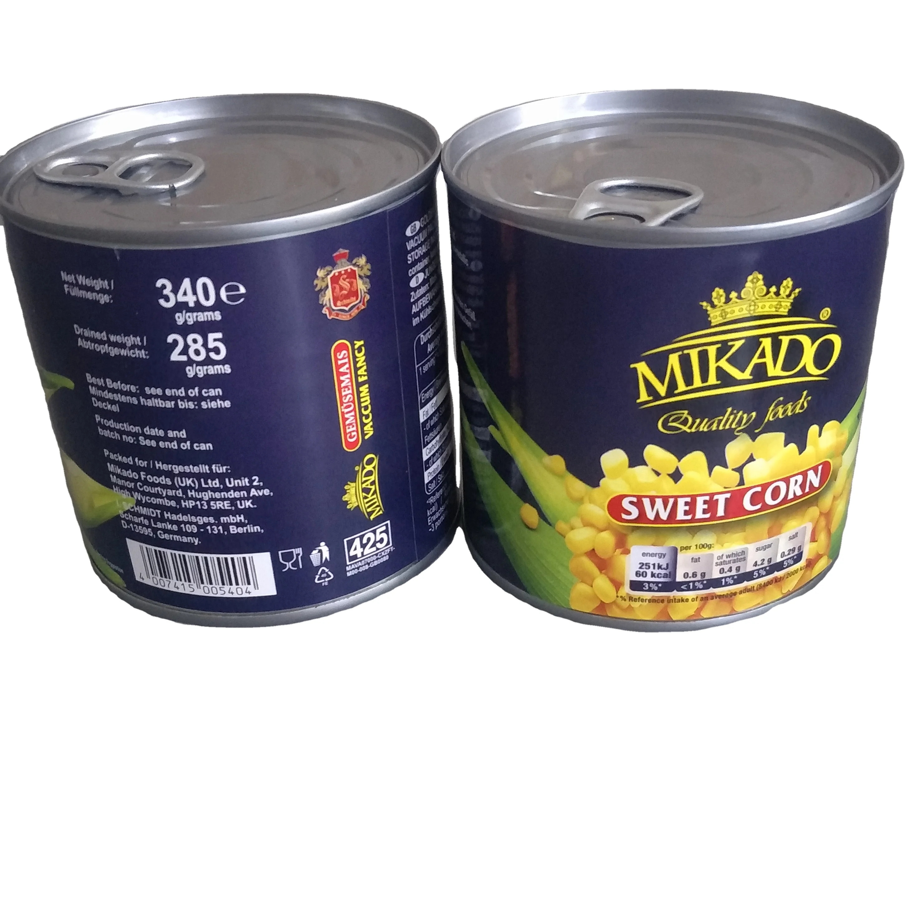 Mikado canned sweet corn vacuum pack 425ml net weight 340g, drained weight 250g or 285g