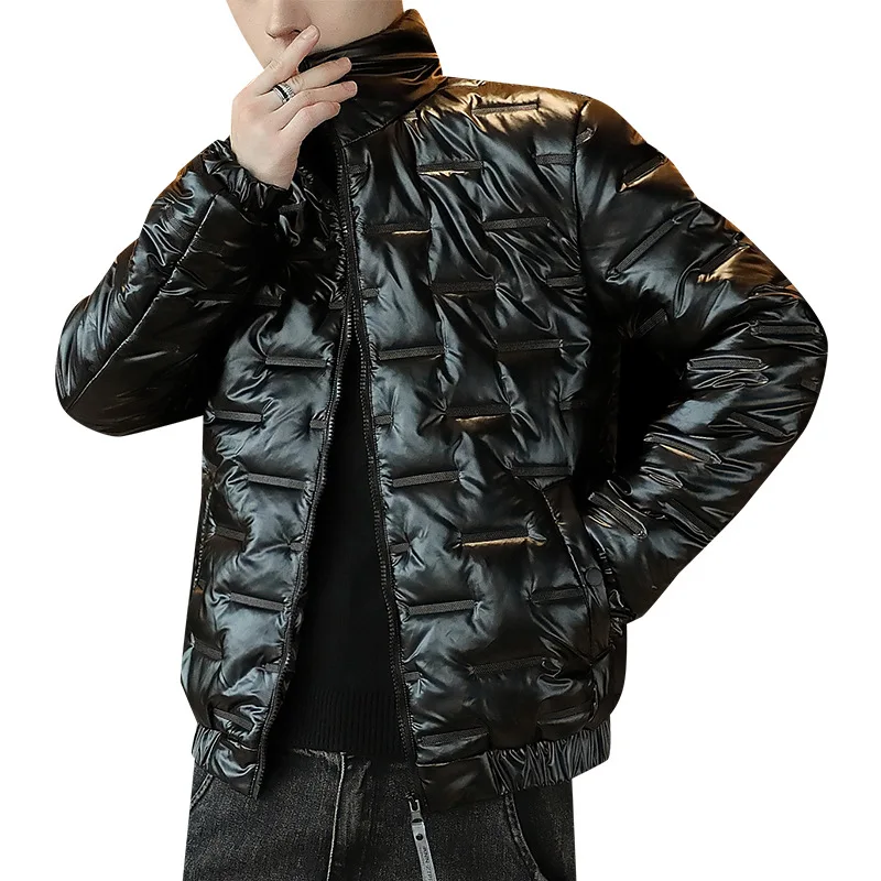 New Arrivals Fall Winter silver bright shiny hooded zipper up casual coat pleated warm puffer jacket men