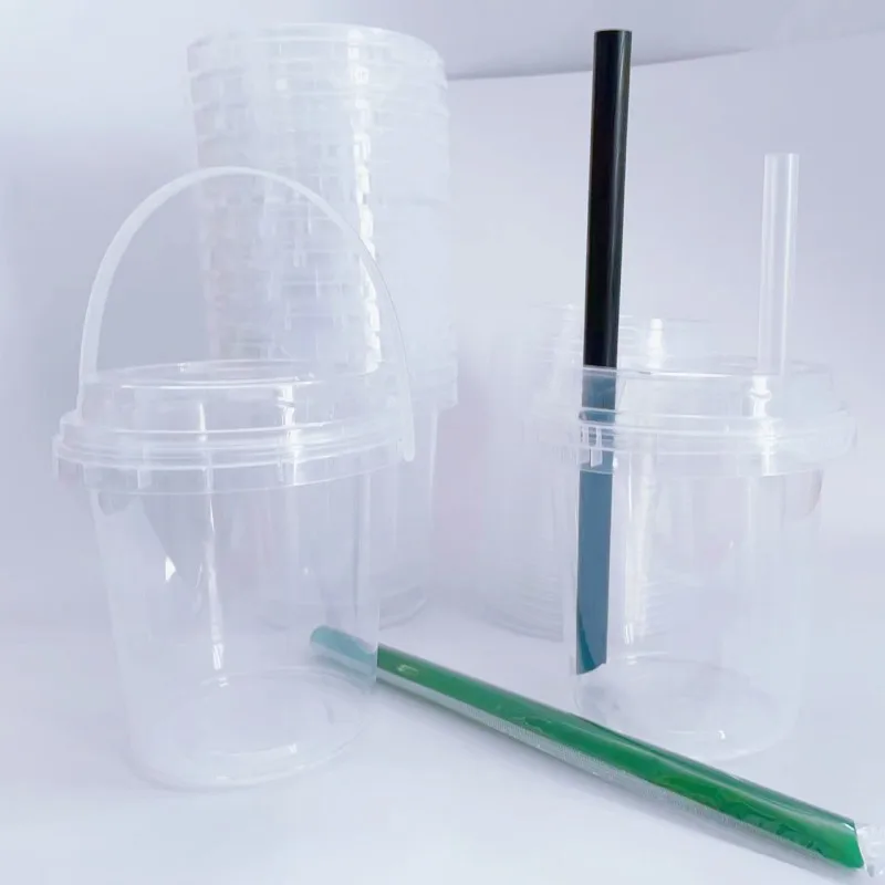 Custom logo printed recyclable disposable 16oz 32oz drink fresh takeaway fruit PP plastic cup buckets with handle and lid