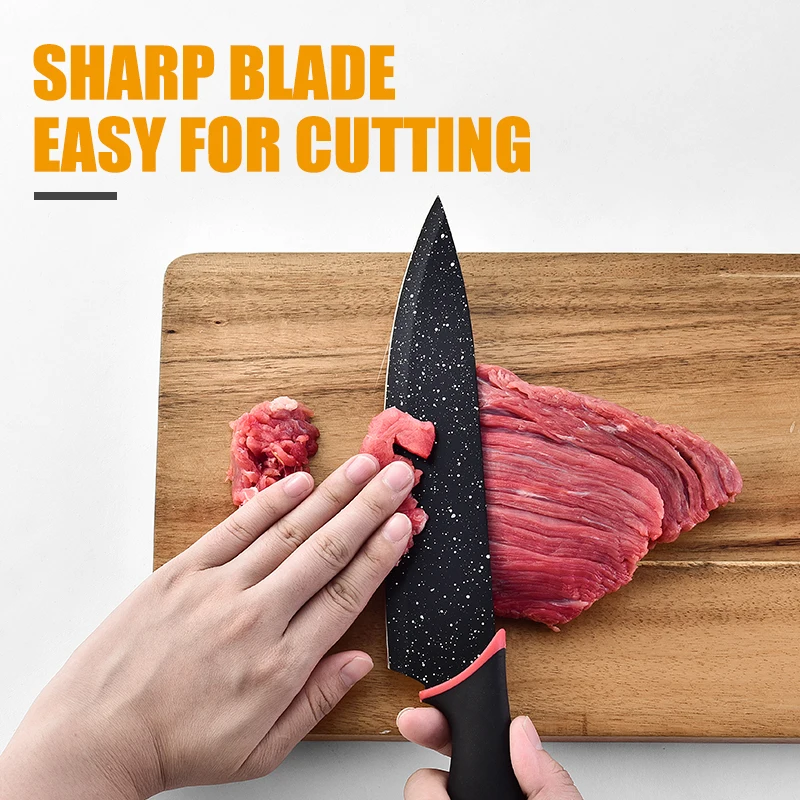 Soft Grip Heat Resistan -8PCS Stainless Steel Kitchen Non-Stick Knife Set With Acrylic Knife Block  Marble Coating Knife