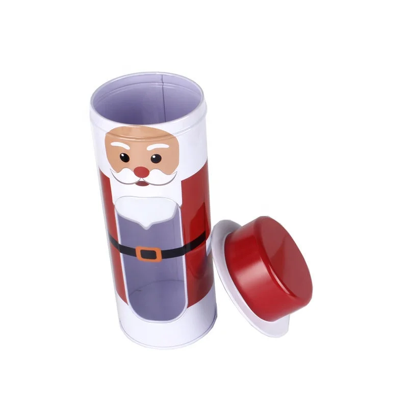 Christmas Season Santa Tin Box Round Tin Tube with Hat Lid and clear Window on Body for Chocolate & Candy Packaging