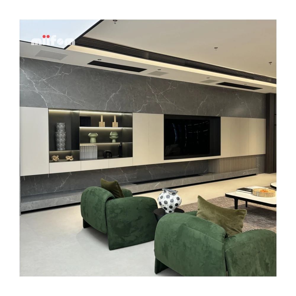 modern rice white matt stainless steel shelf grille suspended TV cabinet with embedded smart electronic fireplace