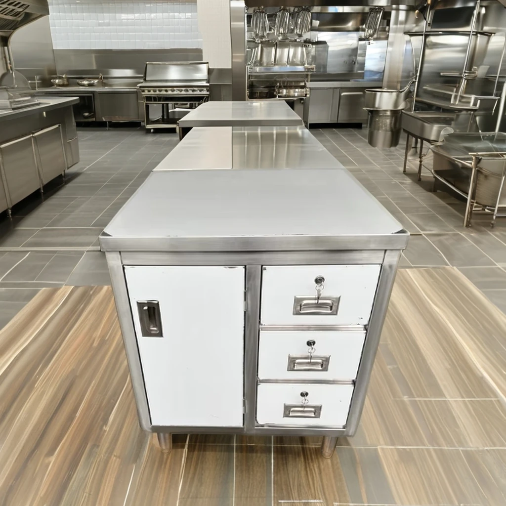 16 Gauge Type 304 Stainless Steel Sliding Door Table with Drawers Enclosed Base New Condition for Restaurants and Hotels