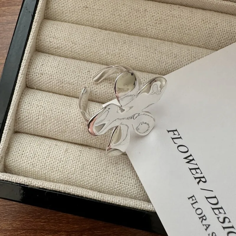 Exaggerated Smooth Big Flower Adjustable Finger Rings 925 Sterling Silver Women Popular Chunky Jewelry