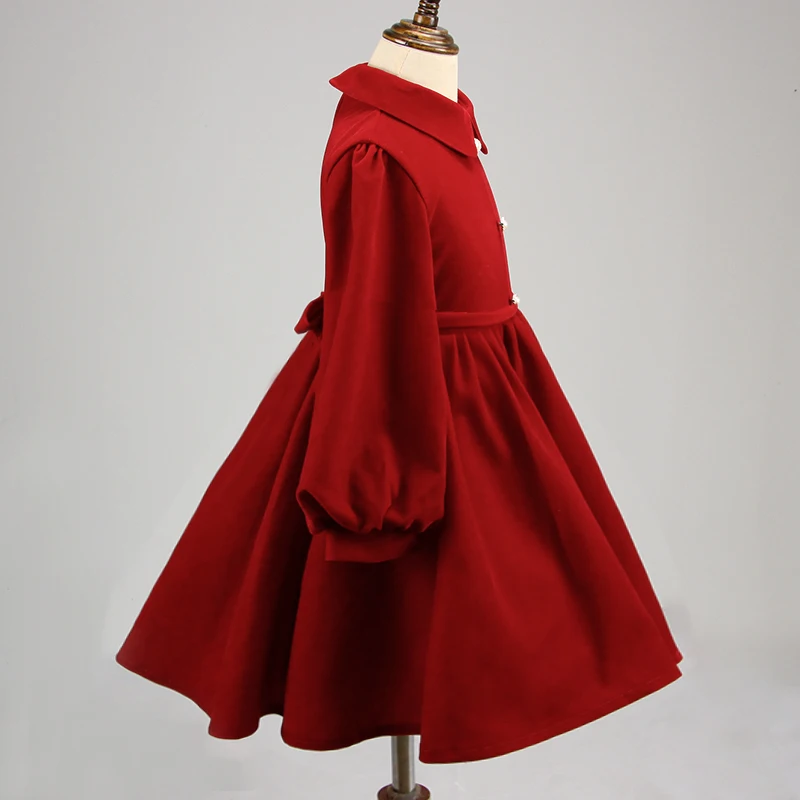 Solid color Long sleeve Birthday Party A-Line Dresses Bow Flower girls velvet dress