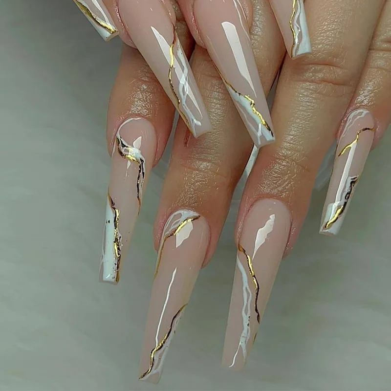 2022 Pink Marble Pattern Golden Lines Stiletto Fake Nails Pre Design Ballerina  Elegant Full Cover Coffin False Nails Tips