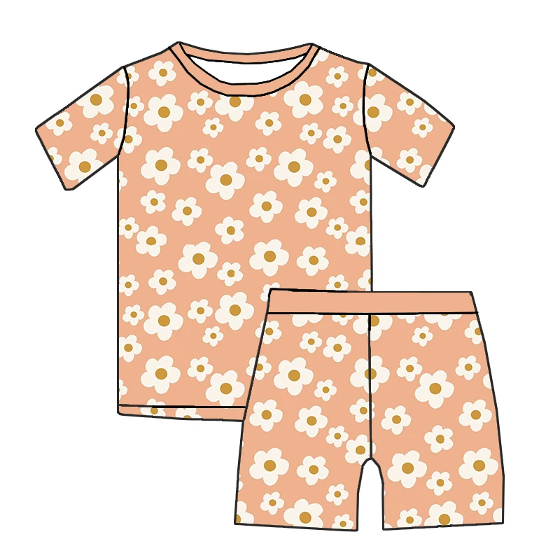 Hot selling Summer kids clothing Custom print soft bamboo fabric two pieces short pajamas sets