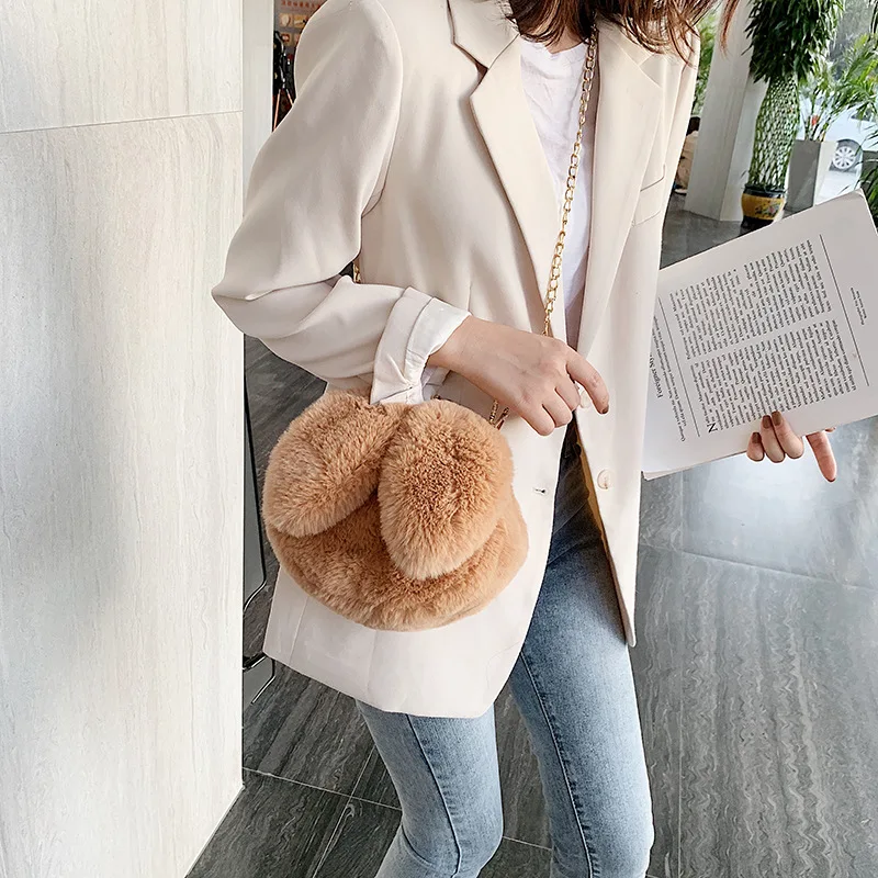 2019 new fashion plush rabbit chain ears creative personality wild single shoulder slung small round bag