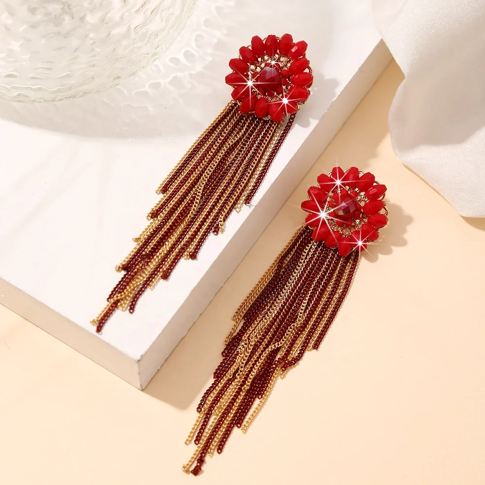 New Ethnic Style Long Tassel Earrings Rich Colors Beige Green Purple Flower Bohemia Fashion Entry Luxury Earrings Wholesale