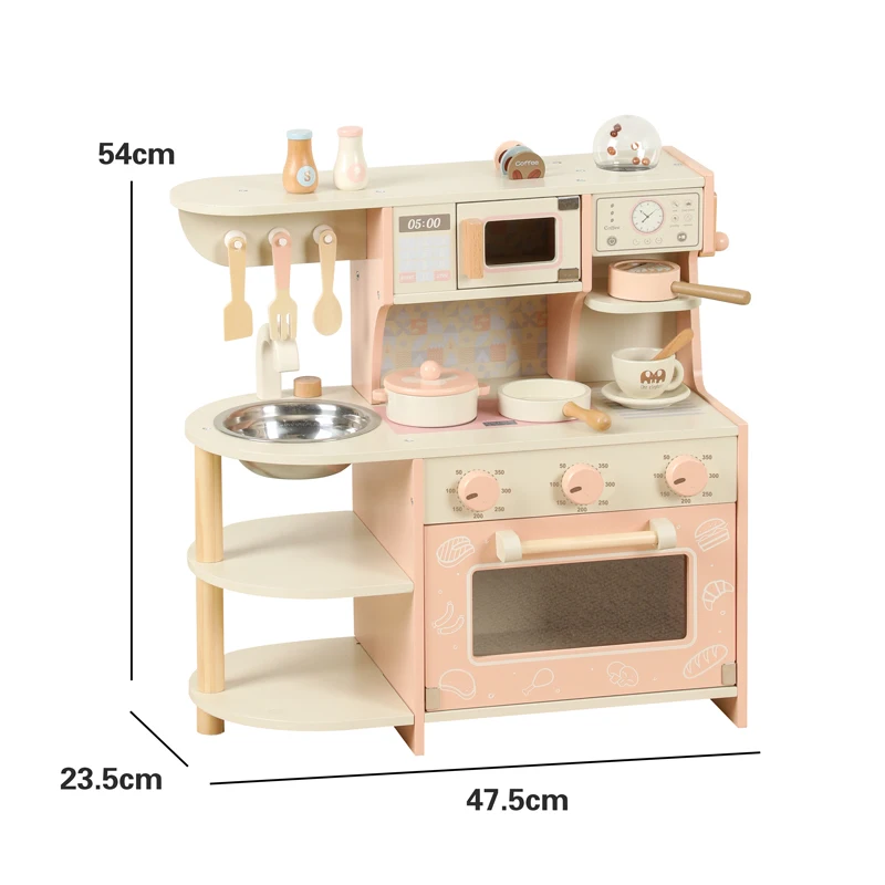 Cute Pink Wooden Kids Play Kitchen Play Set Chef Pretend Play Set With Coffee Machine Oven Microwave Oven Cookware Accessories