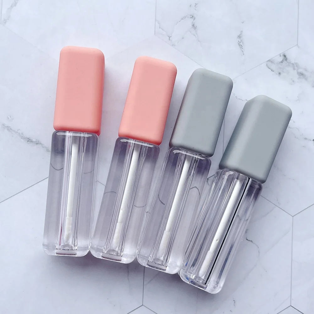 P-LAN Stock Ready Item Soft Touch Pink Grey Cap 2.5ML Empty Ligloss Bottle Square Mini Lip Gloss Tube Container With Doe Foot