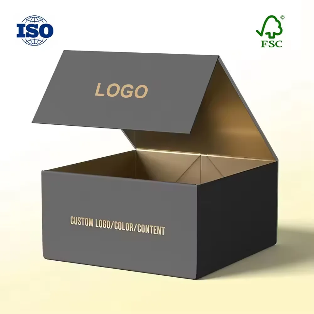 Custom Logo Magnetic Gift Paper Box Hard Cardboard Luxury Folded Packaging Black Folding Rigid box