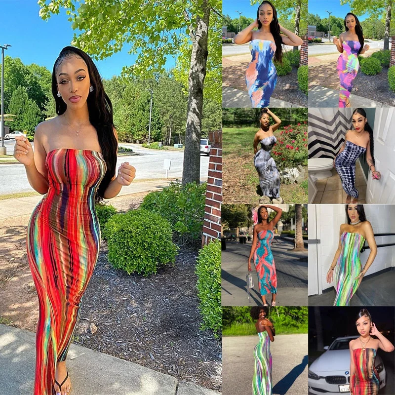 Summer Dress women 2023 Printed Fashion Wrap Off Shoulder Tie Die Sundresses New Arrivals Bodycon Maxi Dress Ladies
