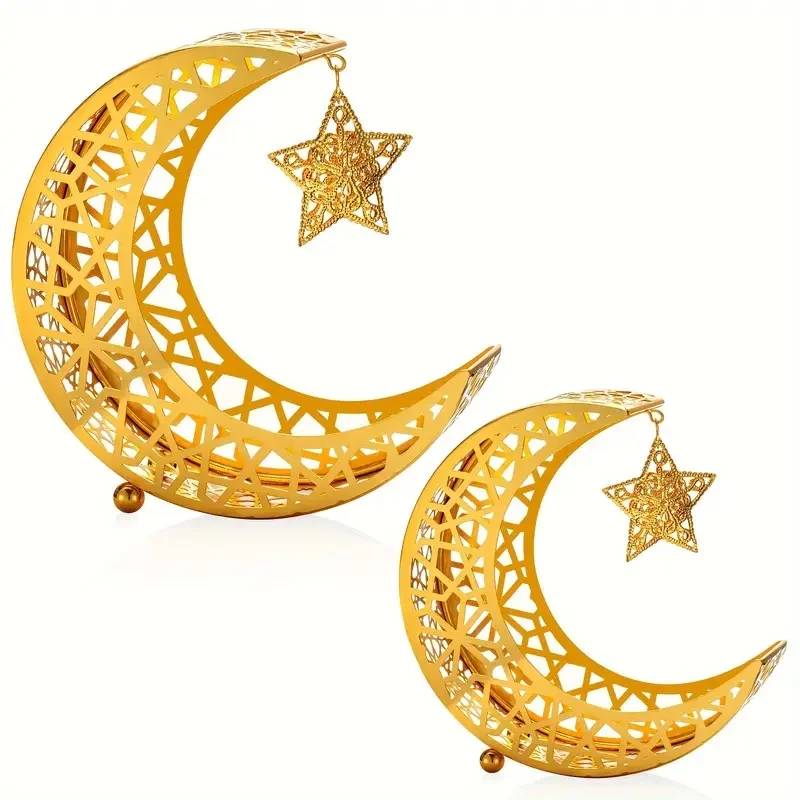 Decorative Moon Star Snack Tray Hollow Out Metal Dessert Plate Food Storage Container Serving Platter For Eid Table Decor