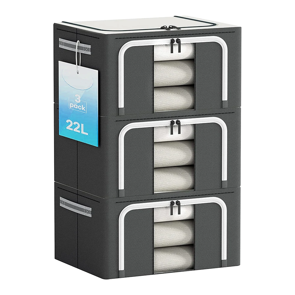 Stackable Metal Frame Storage Box Foldable Oxford Fabric Clothes Container Organizer Clear Window